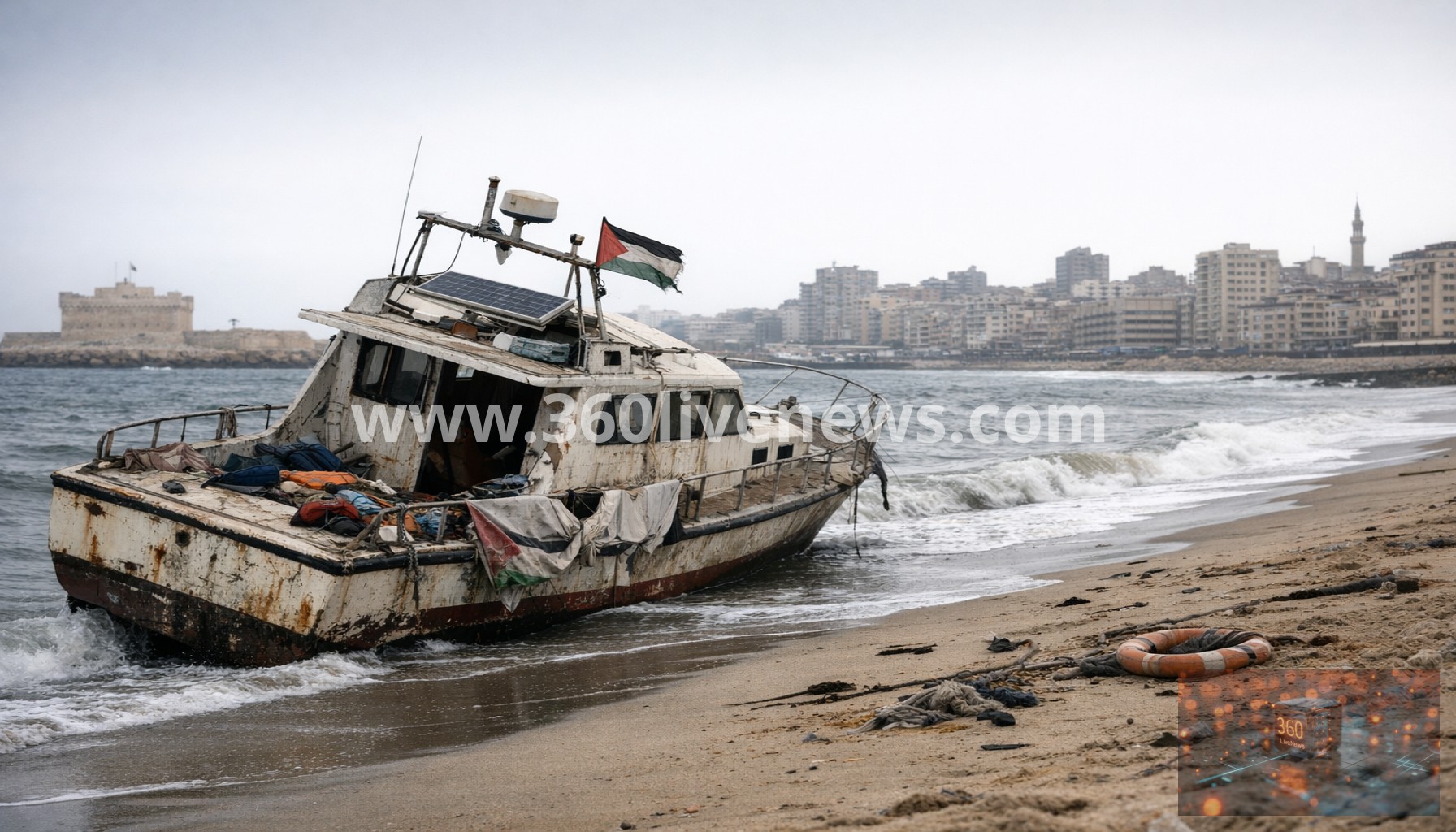 Abandoned Gaza aid flotilla boat washes ashore in Egypt