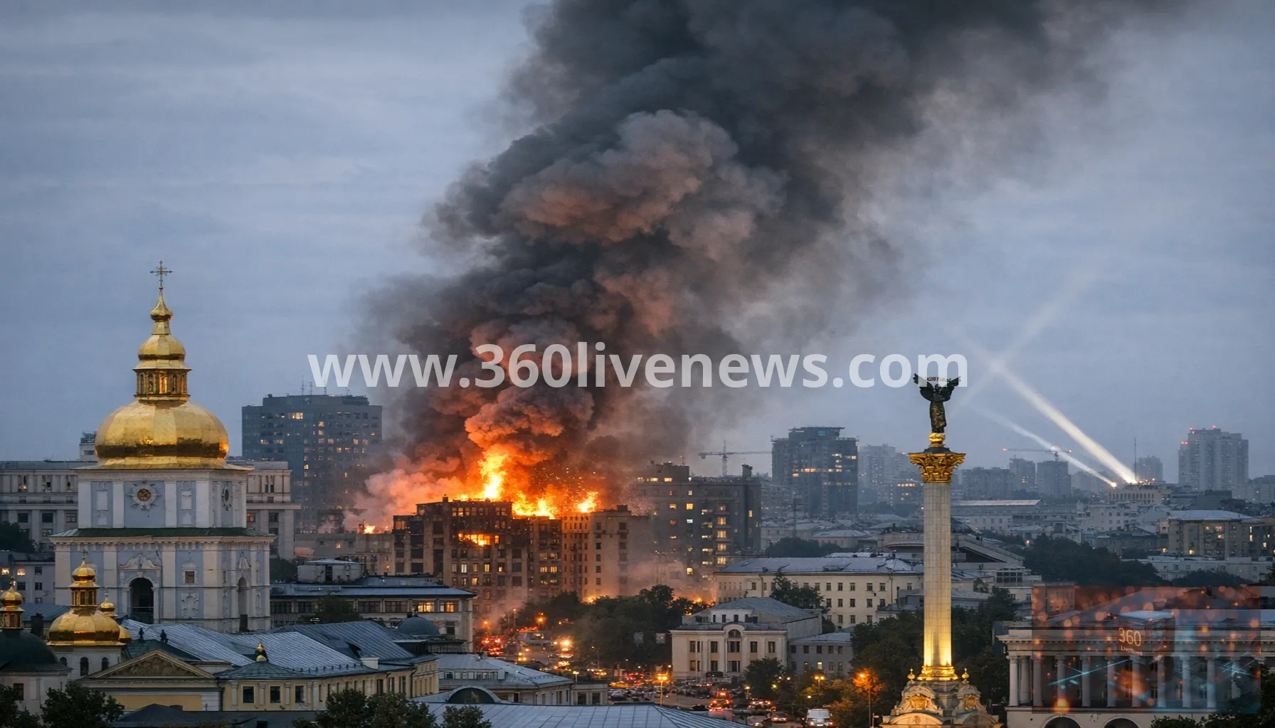 Fire breaks out in central Kyiv during air raid alert after explosion