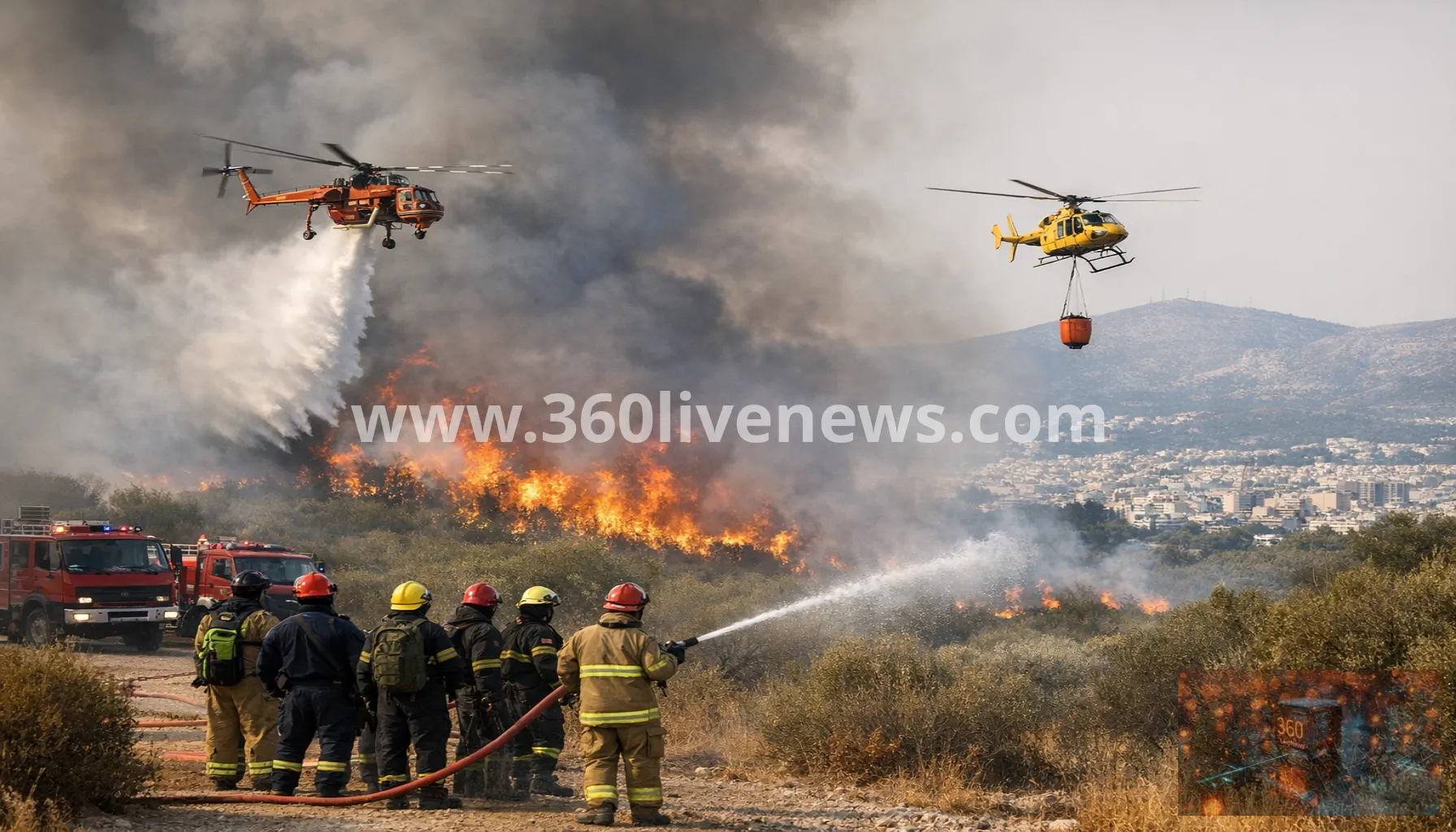 Helicopters and firefighters battle fast-moving wildfire near Athens