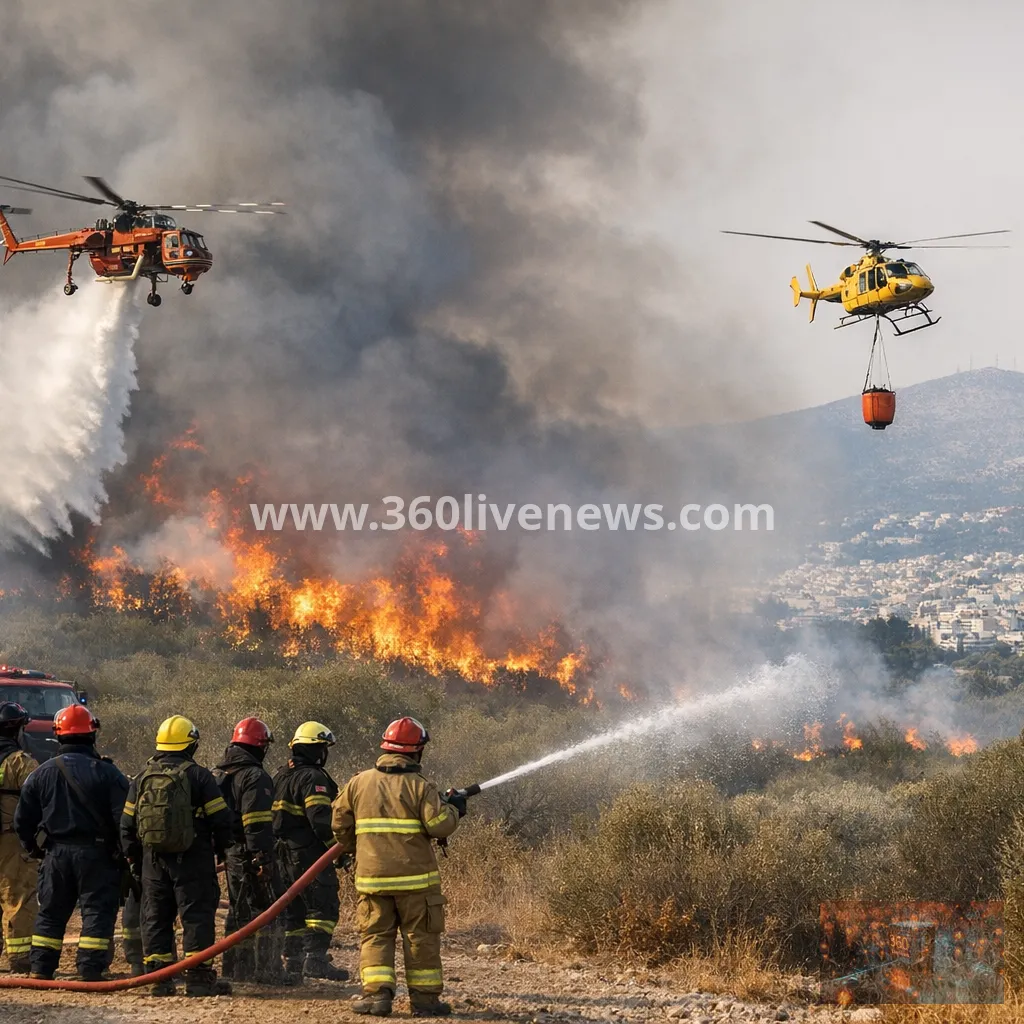 Helicopters and firefighters battle fast-moving wildfire near Athens