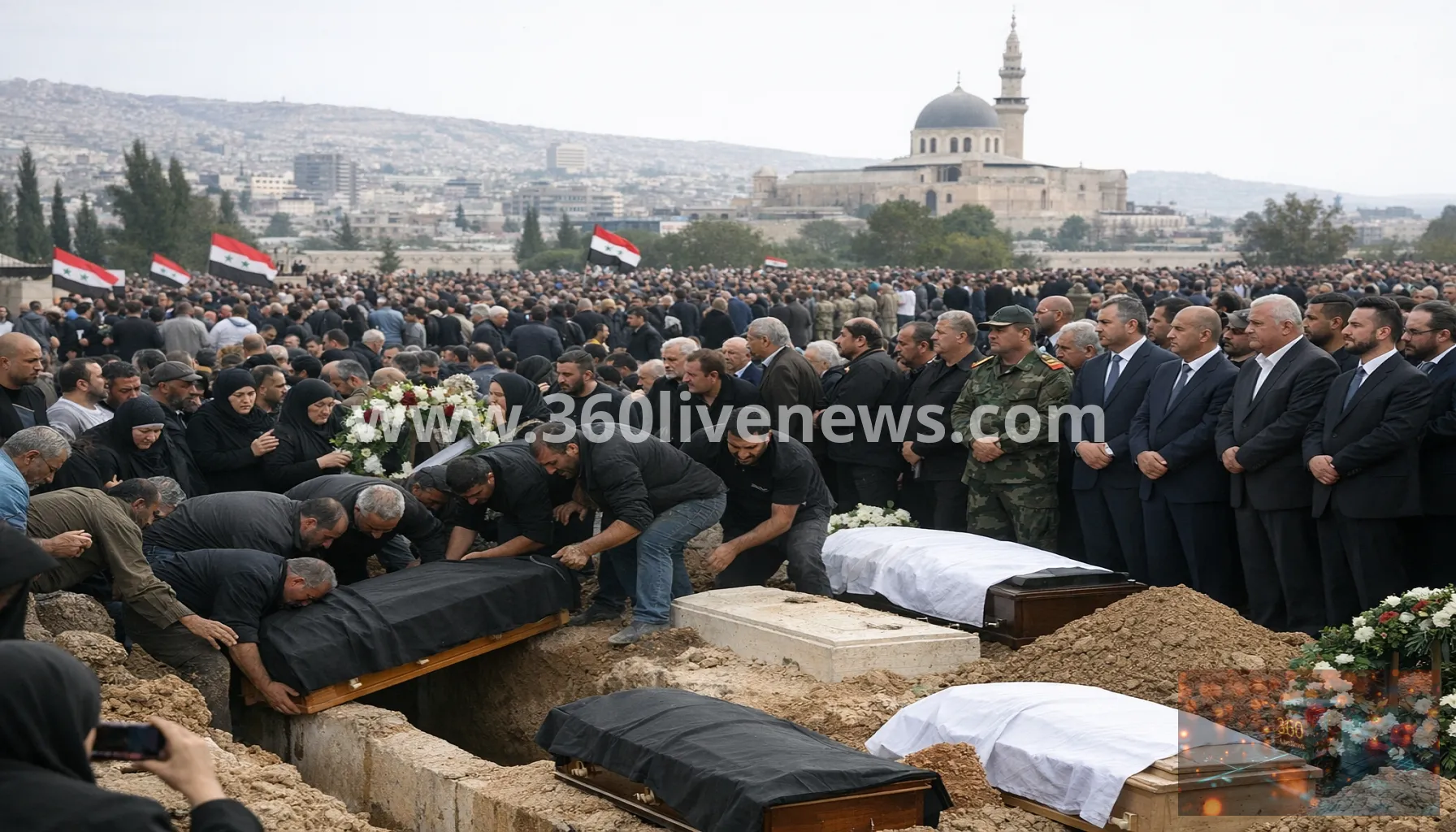 Mourners in Damascus bury cafe bomb blast victims as officials promise justice
