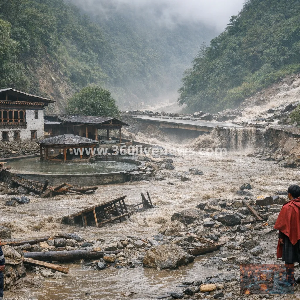 Glacial lake burst floods Bhutan hot springs and cuts road access