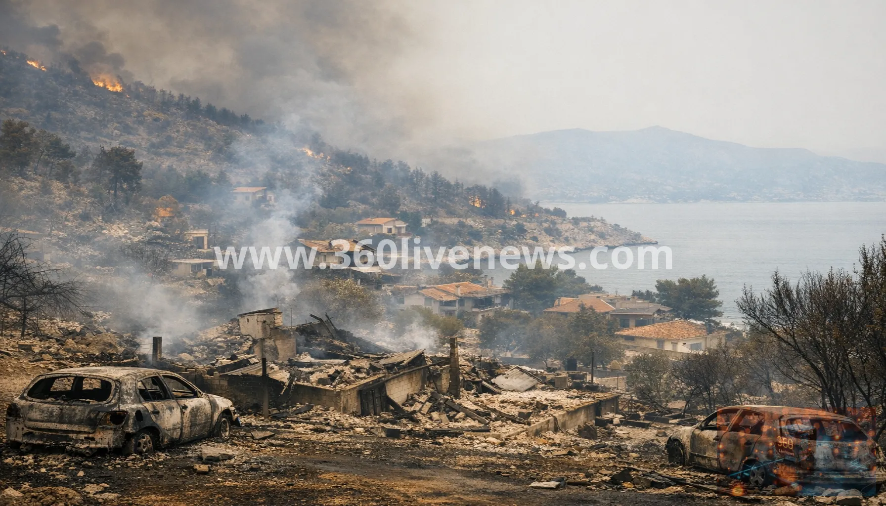 Greek wildfires burn homes in Porto Germeno as fires spread across the country