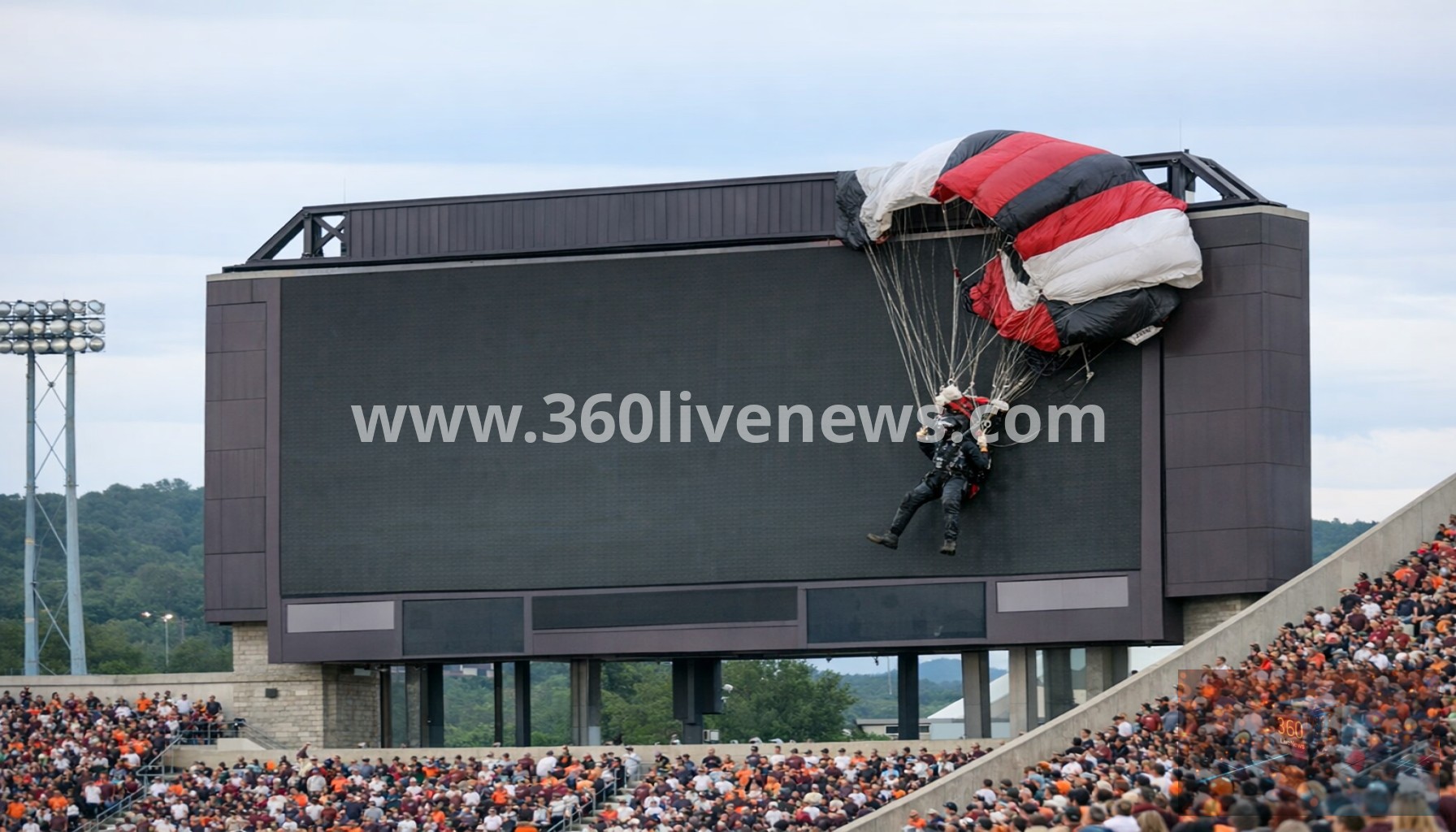 Skydiver Crashes into Jumbotron at Virginia Tech Football Game
