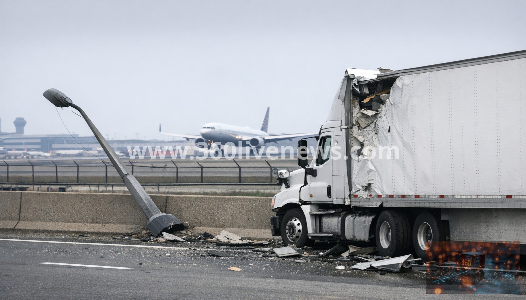 Plane landing at Newark Airport damages tractor-trailer and light post