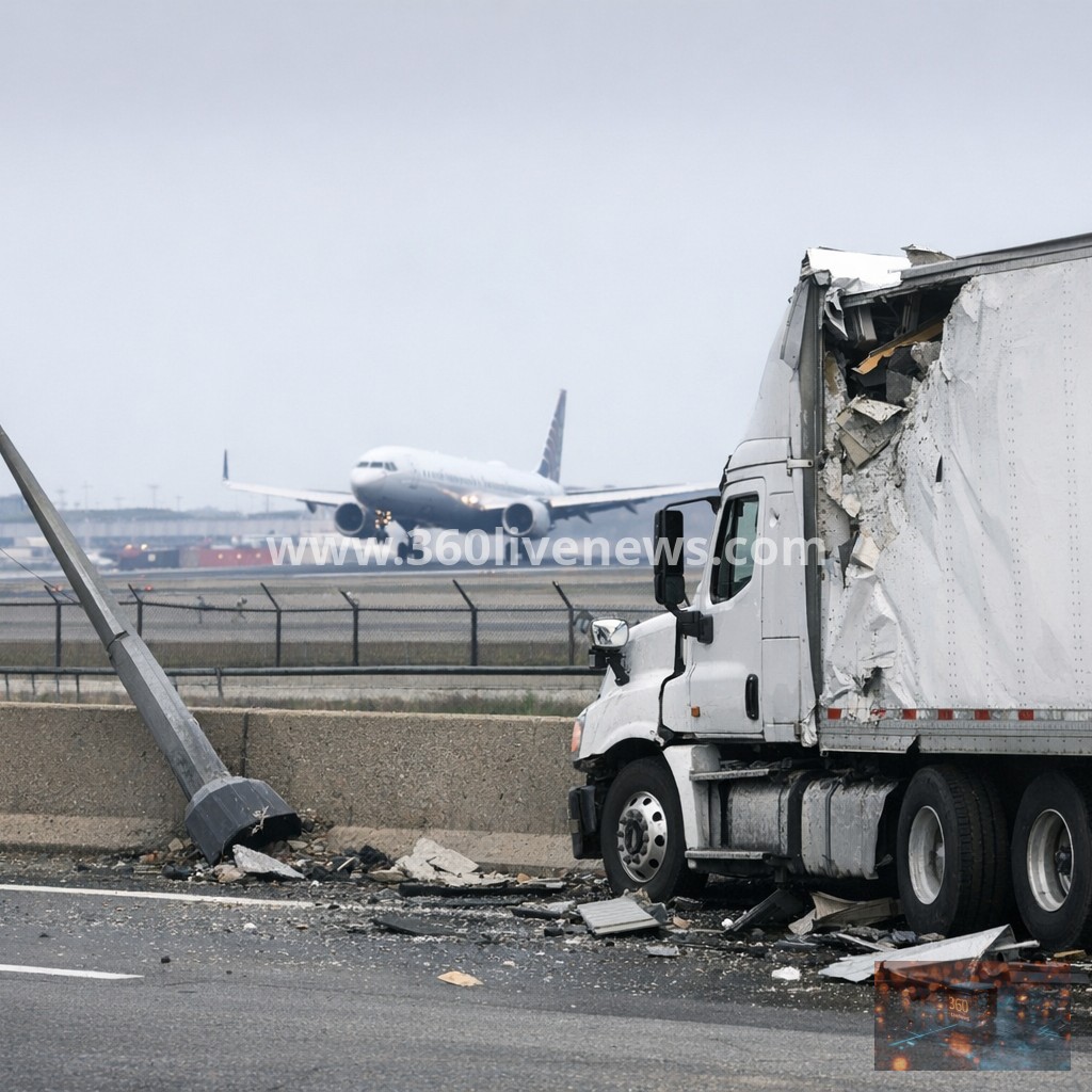 Plane landing at Newark Airport damages tractor-trailer and light post