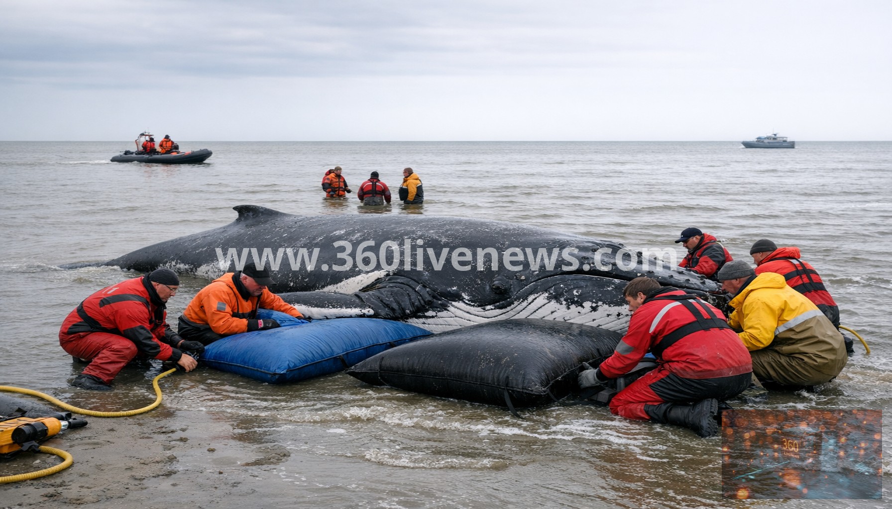 Rescuers attempt to save stranded humpback whale off Germany using air cushions