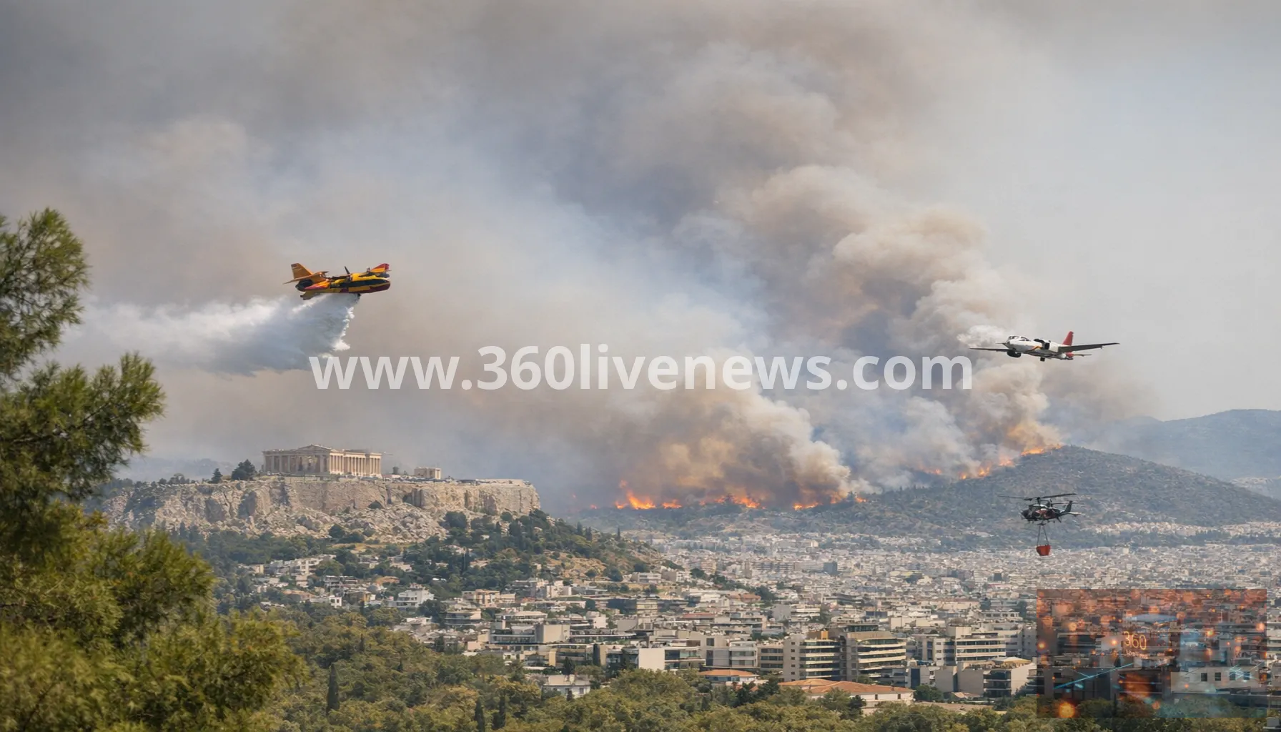 Major wildfire west of Athens forces evacuations as winds drive flames toward mountain communities