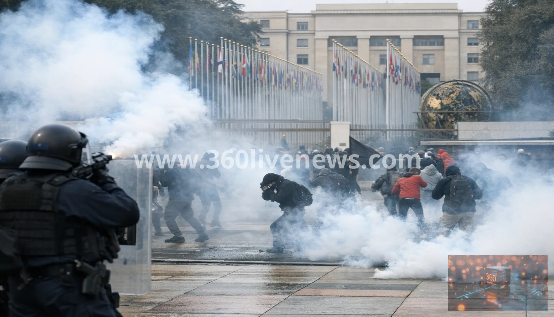 Swiss police fire tear gas as anti-G7 protesters target UN buildings in Geneva