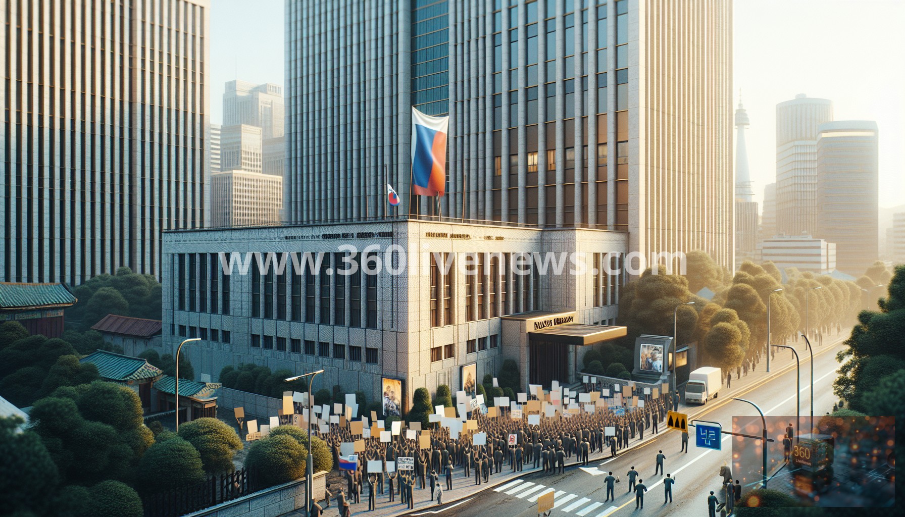 South Korea protests banner at Russian embassy referencing Ukraine war anniversary