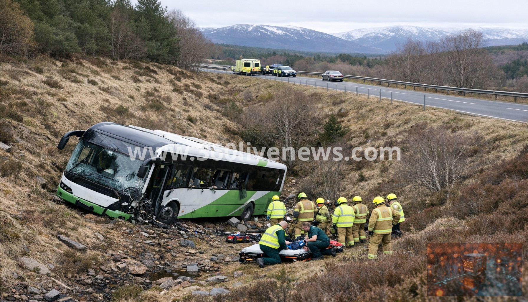Two in hospital after bus crashes down embankment in the Highlands