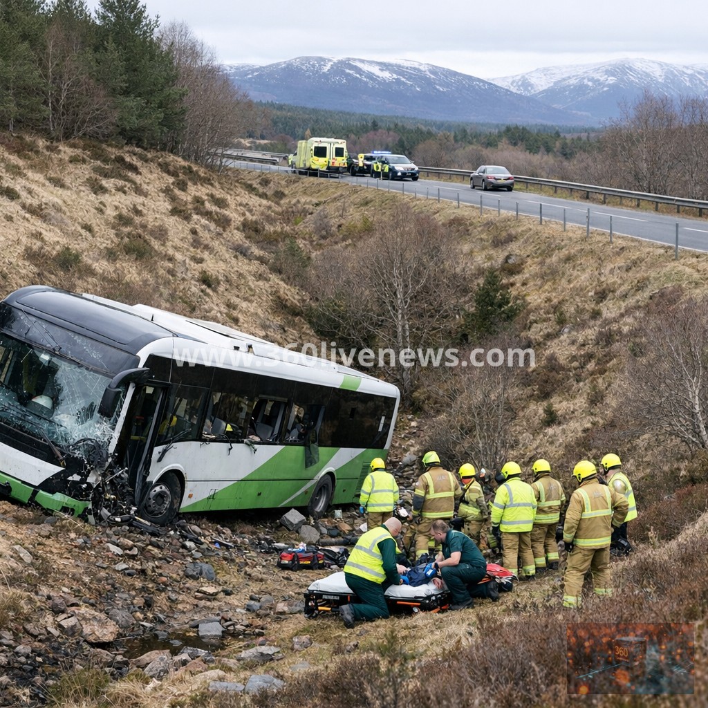 Two in hospital after bus crashes down embankment in the Highlands