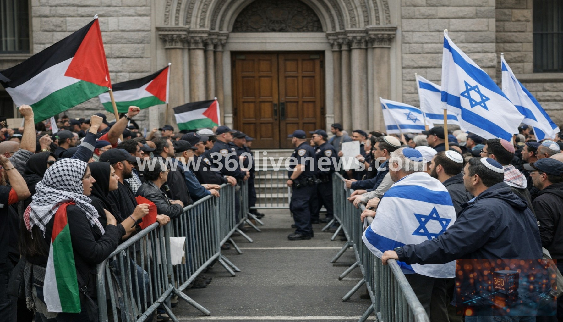 Pro-Palestinian and pro-Israel demonstrators rally outside Park East Synagogue in New York