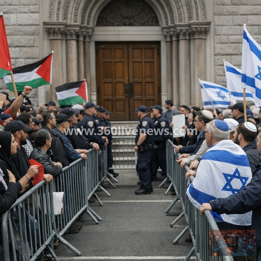 Pro-Palestinian and pro-Israel demonstrators rally outside Park East Synagogue in New York