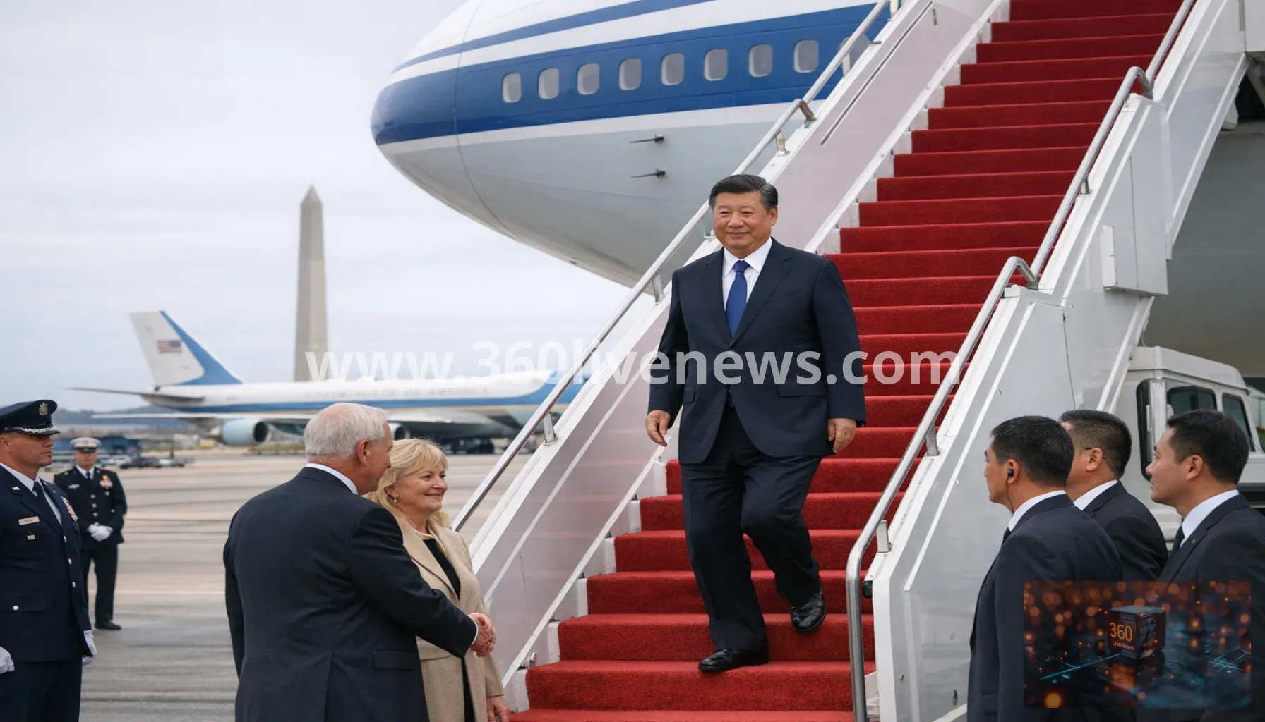 Xi Jinping arrives in Washington after rare airport welcome from Trump