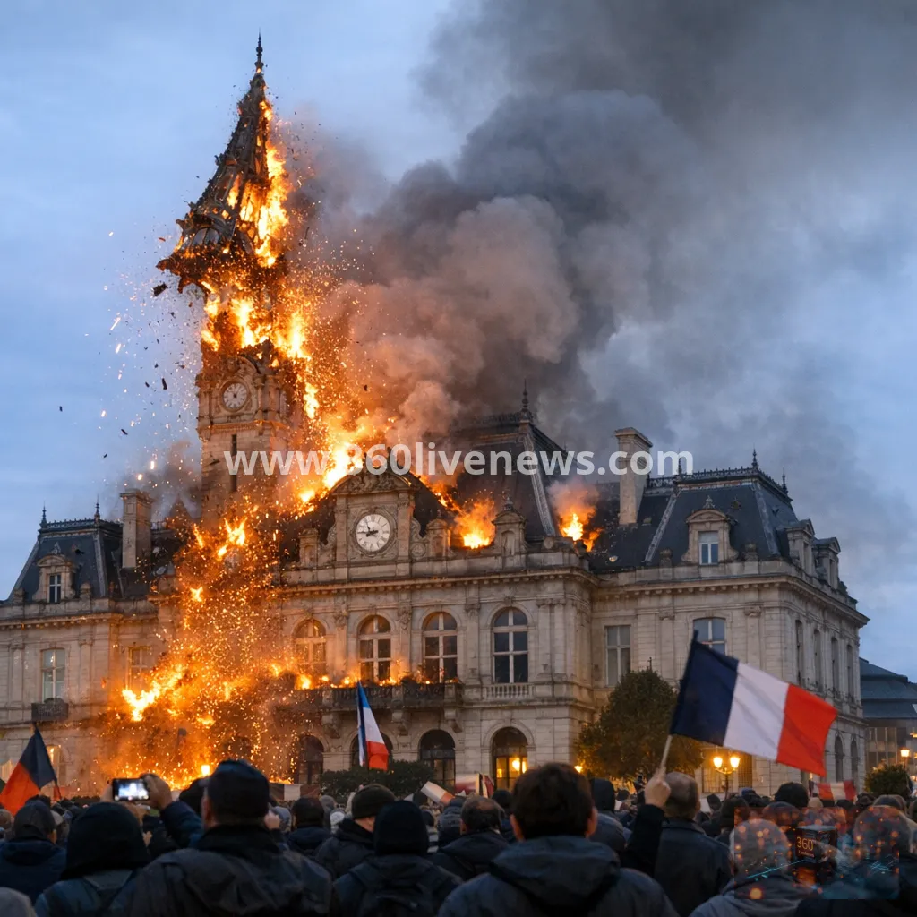 Historic Limoges town hall spire collapses in flames amid protests