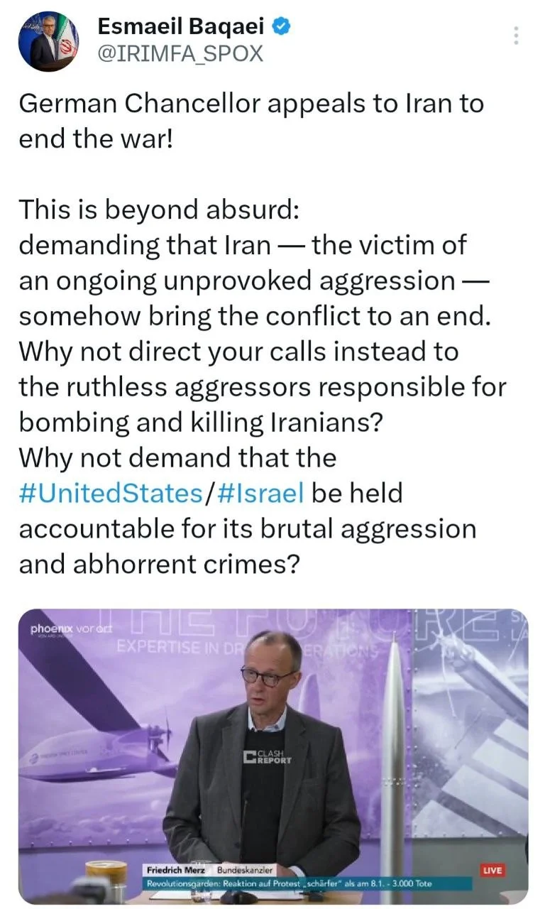 Iran Rejects German Appeal, Blames US and Israel for Regional Conflict