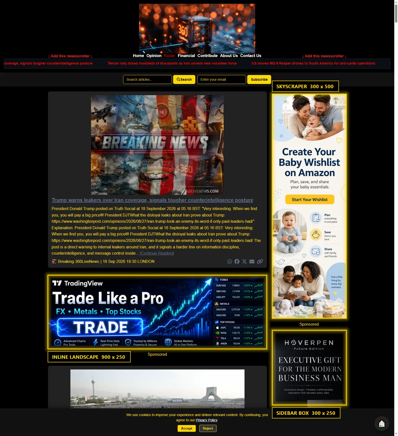 360LiveNews homepage with sponsor positions highlighted