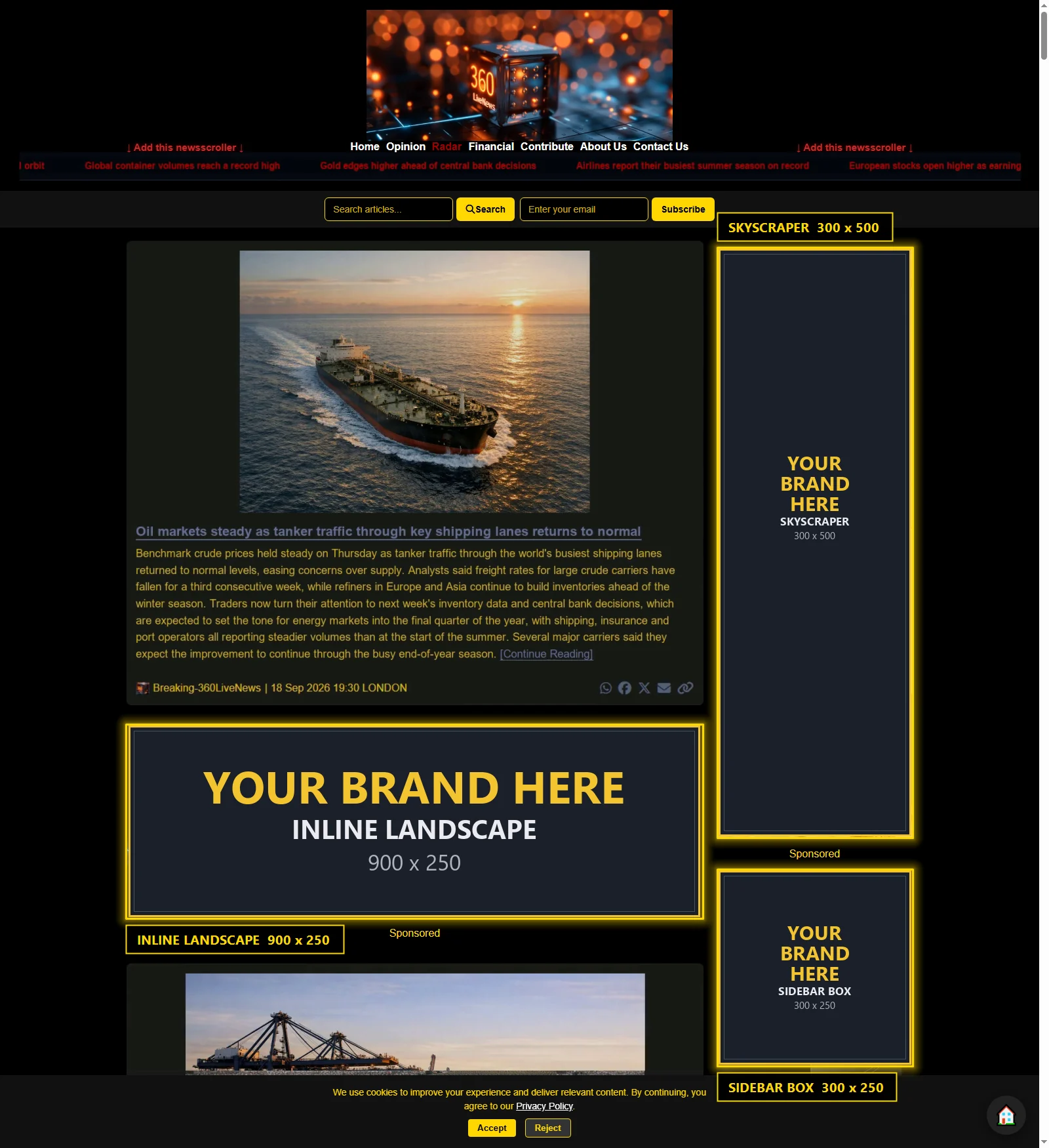 360LiveNews homepage with sponsor positions highlighted