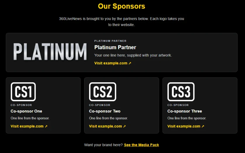 The 360LiveNews Sponsors page with a PLATINUM partner card and three co-sponsor cards